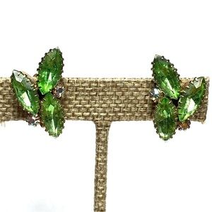 Vintage Clips Clop Ons Earrings Peridot Green Glass Rhinestones Estate